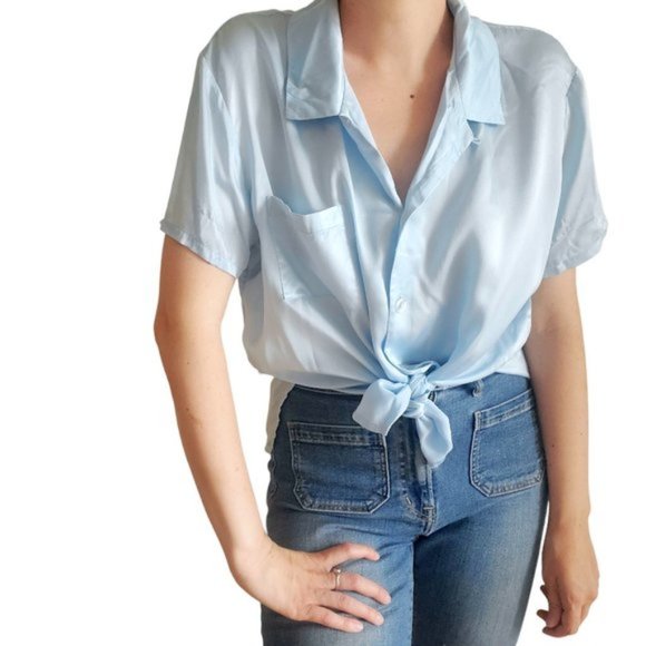 Vintage La Senza 100% silk light blue button up loungewear top - Picture 1 of 9